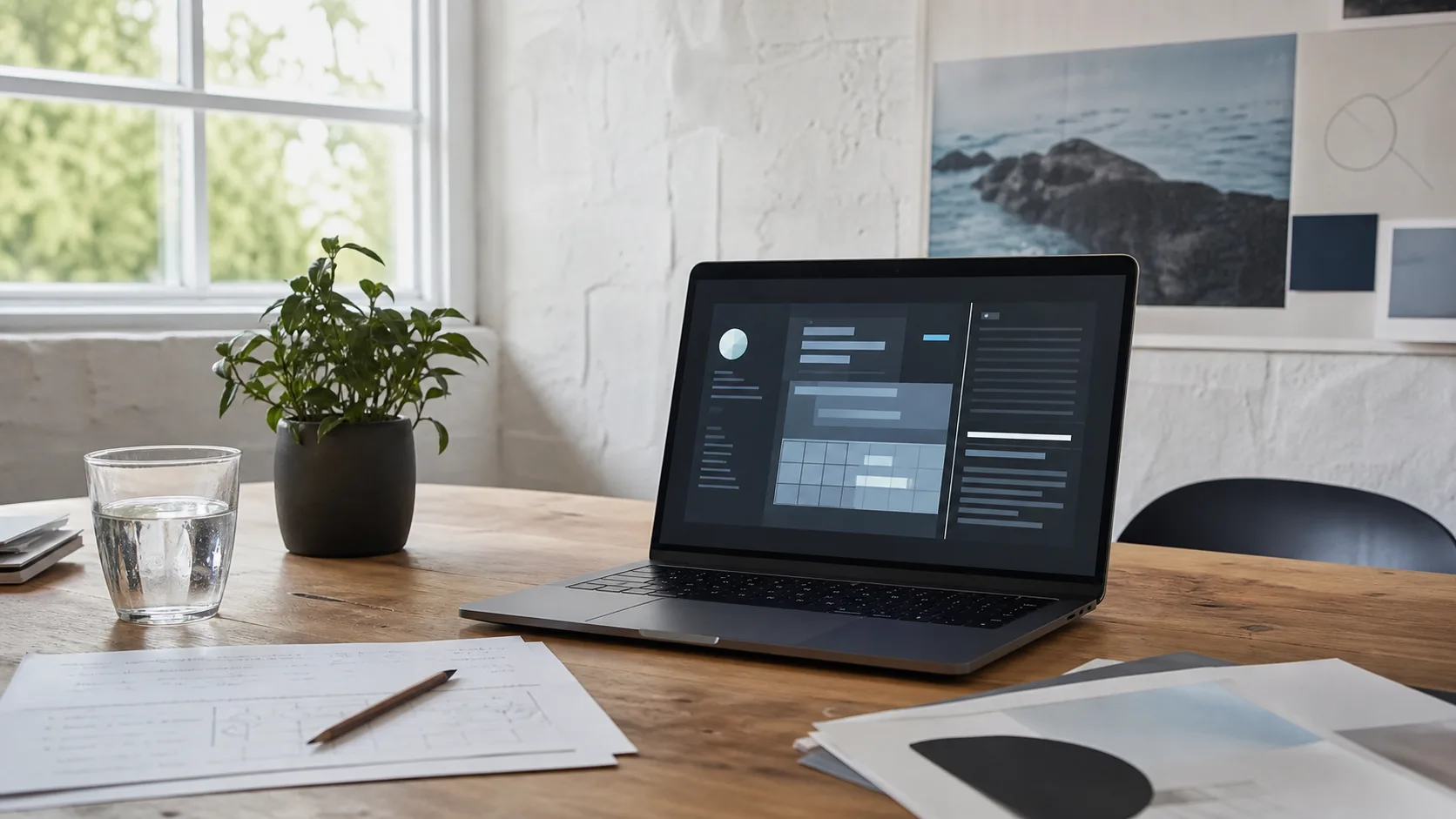 A laptop displaying an abstract knowledge interface on a studio worktable.