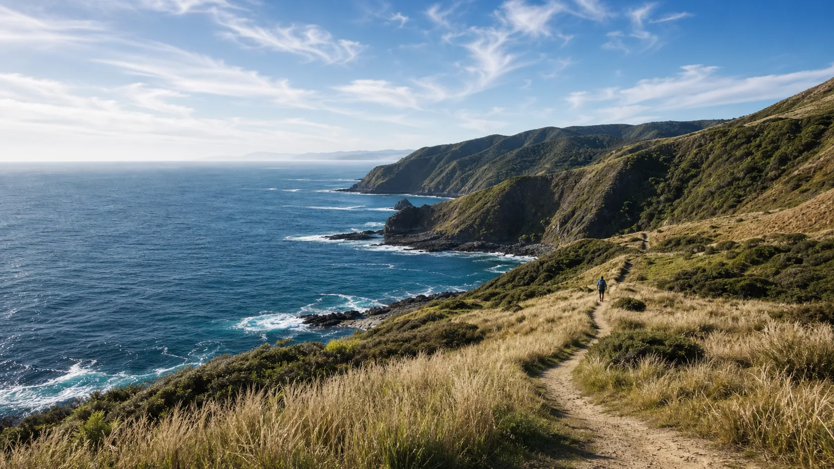 A coastal walking trail overlooking the ocean and a rugged New Zealand headland.