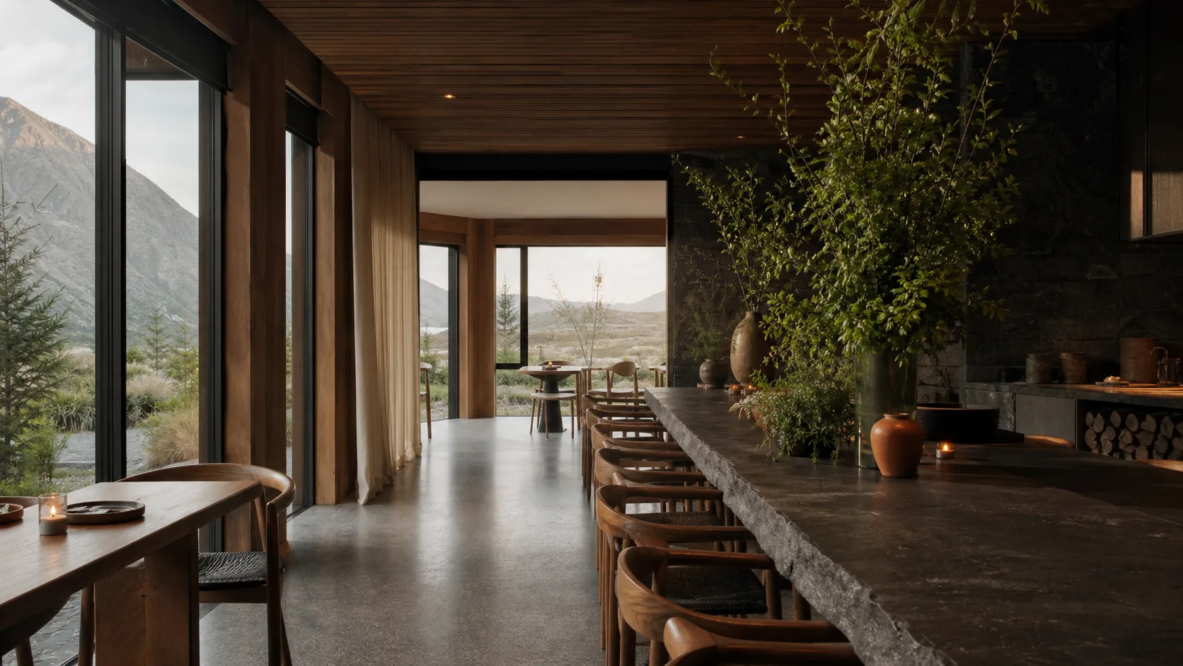 A warm, contemporary hospitality interior looking towards a South Island landscape.