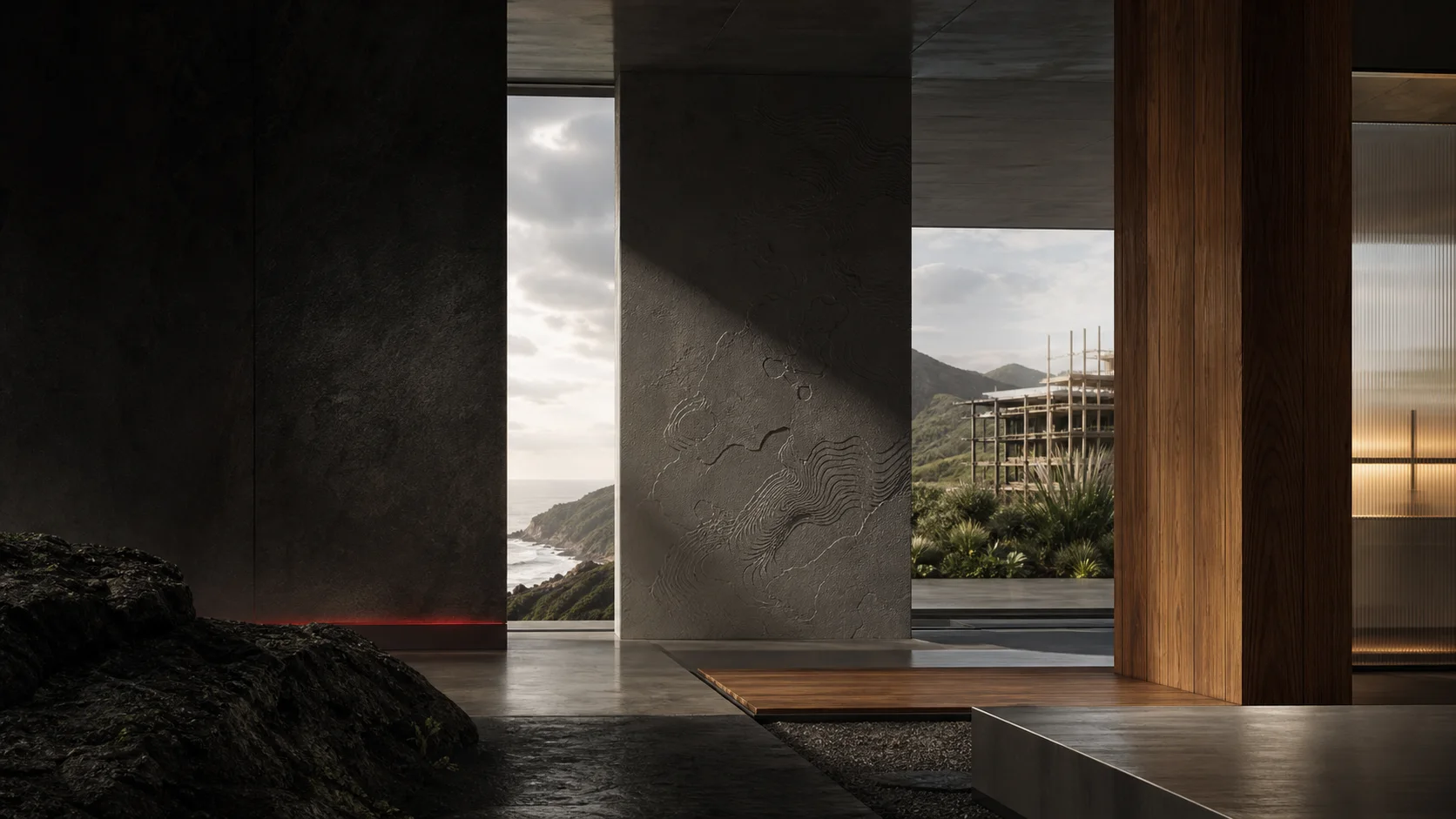 New Zealand landscape, architecture and natural materials forming one connected environment.