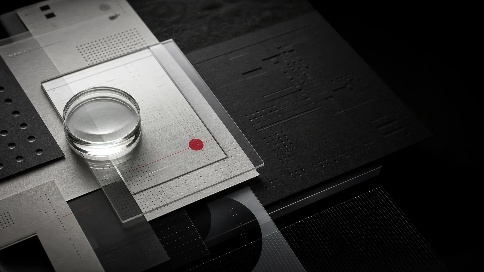 A tactile intelligence archive of glass, paper and precision-cut editorial material.