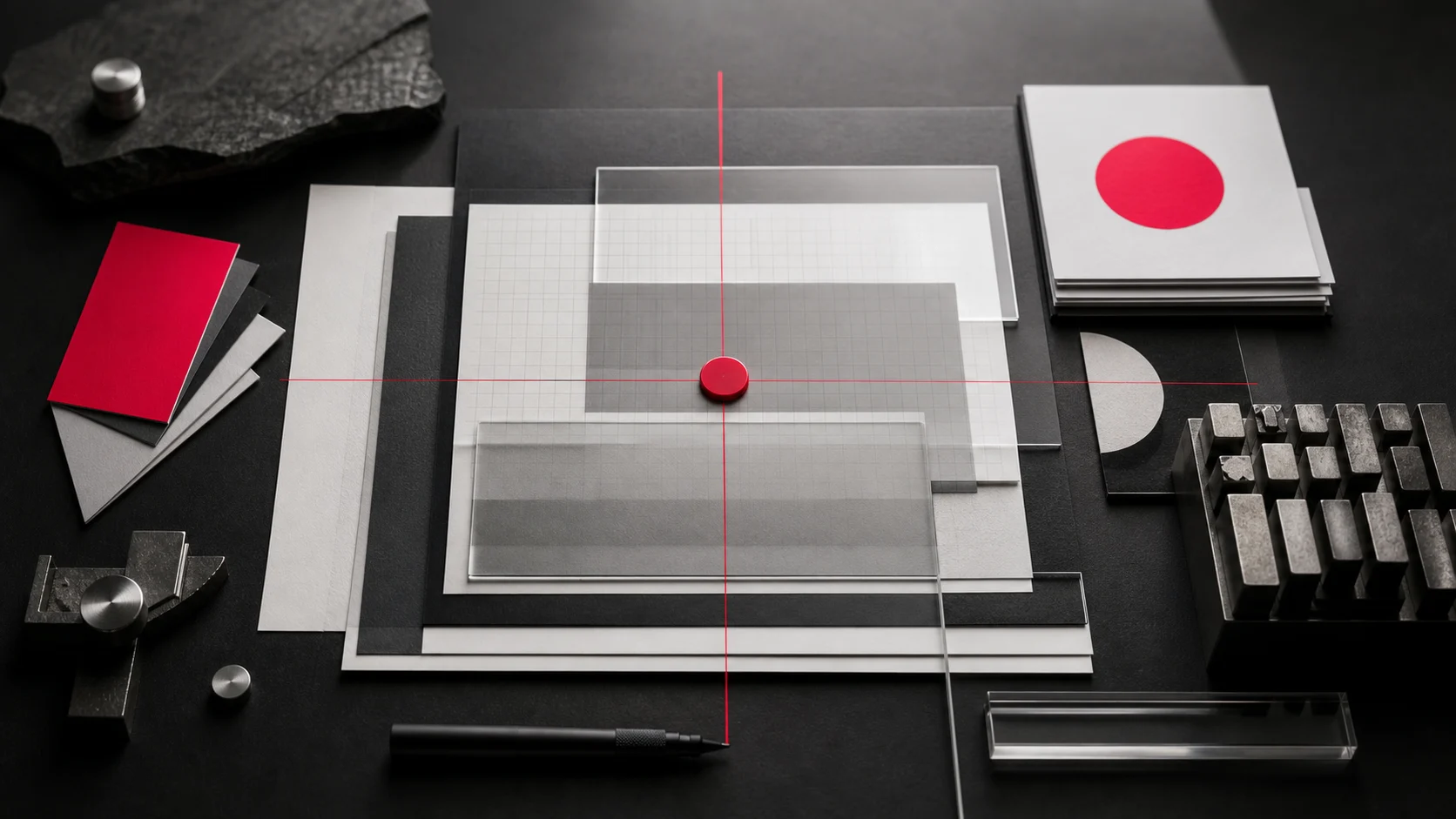 A precise red alignment marker connecting layers of glass, paper and metal into one coherent brand system.