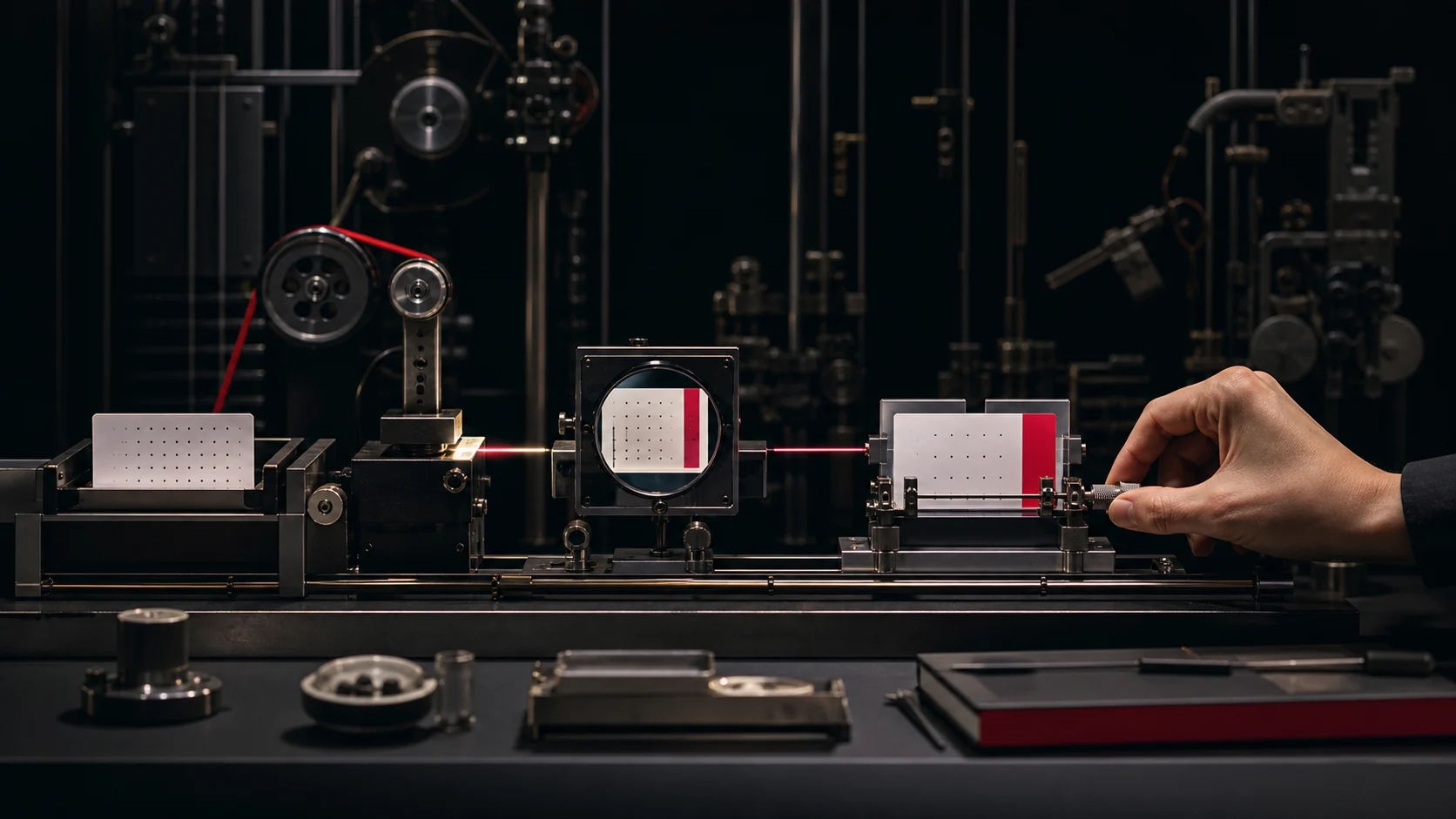 A human hand calibrating one precise red-lined workflow within a larger unactivated technical system.