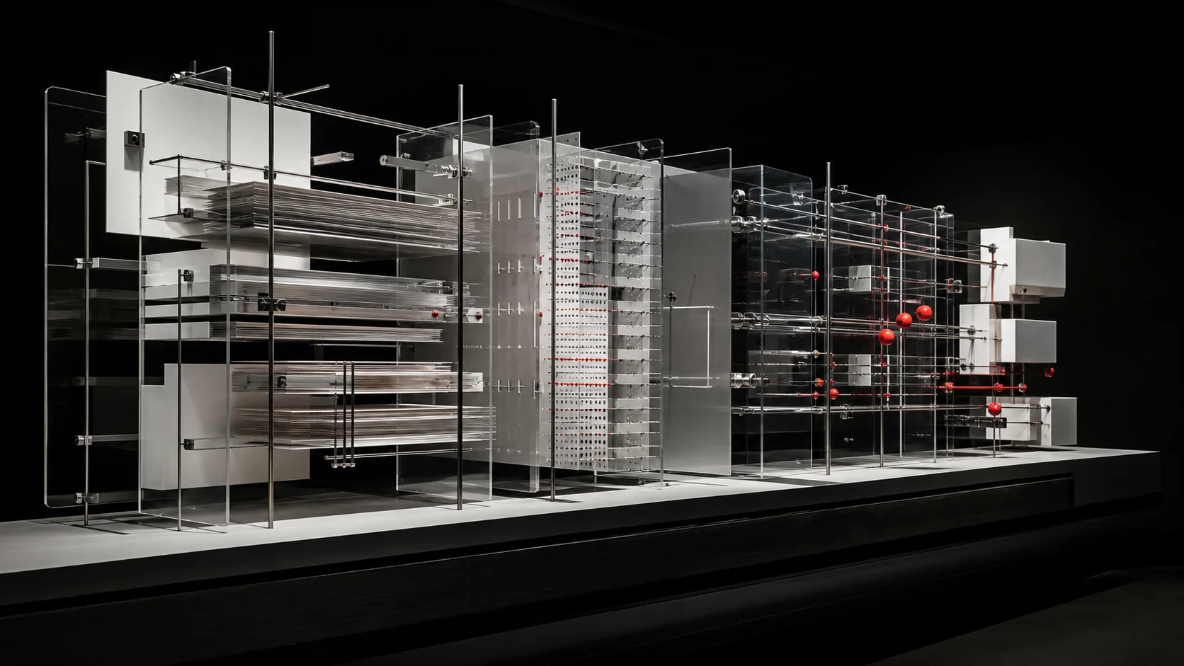 A museum-scale structure of glass, paper and metal connecting content layers to operational outputs.