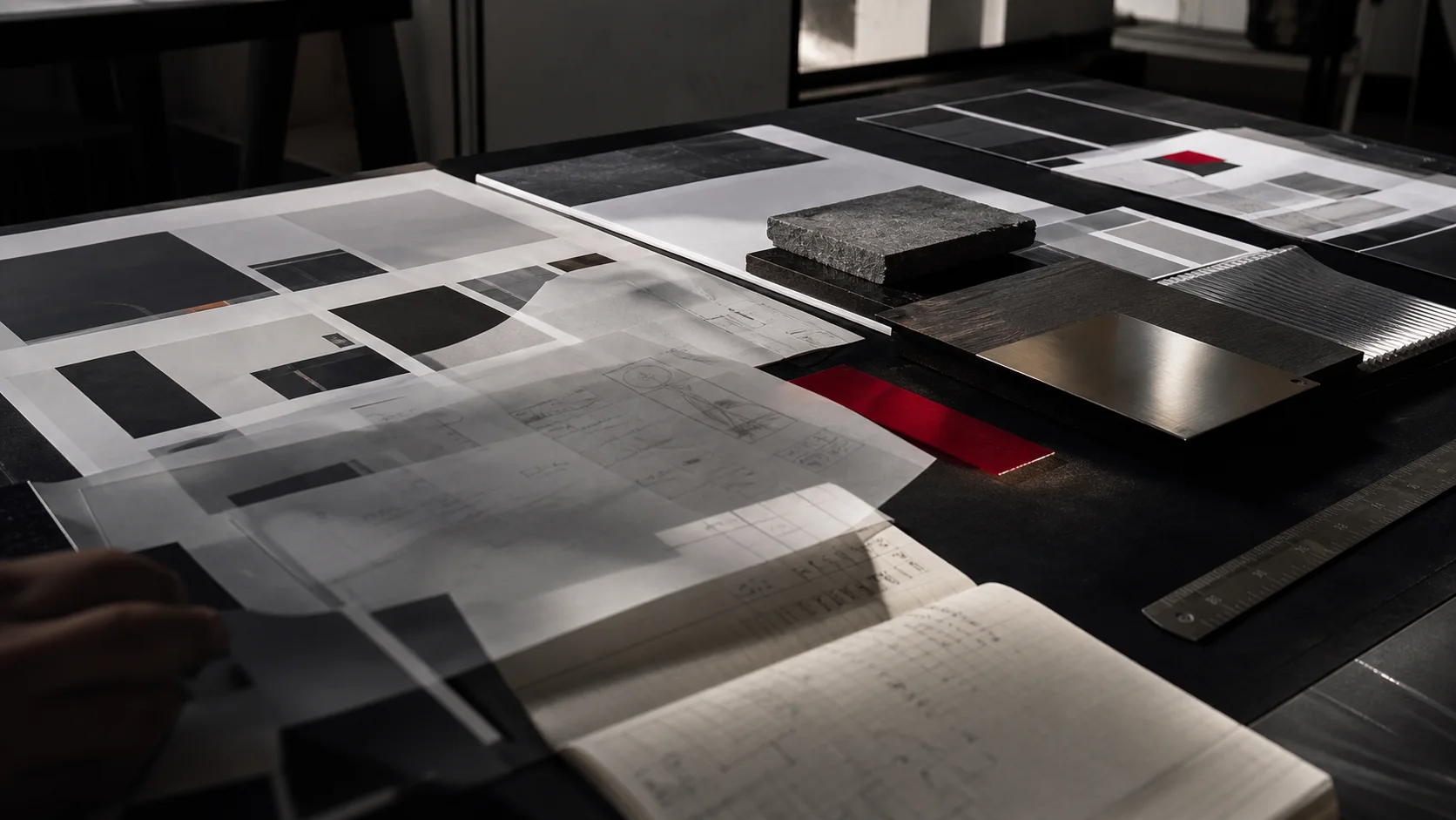 Layered translucent plans and material studies on a dark studio worktable.